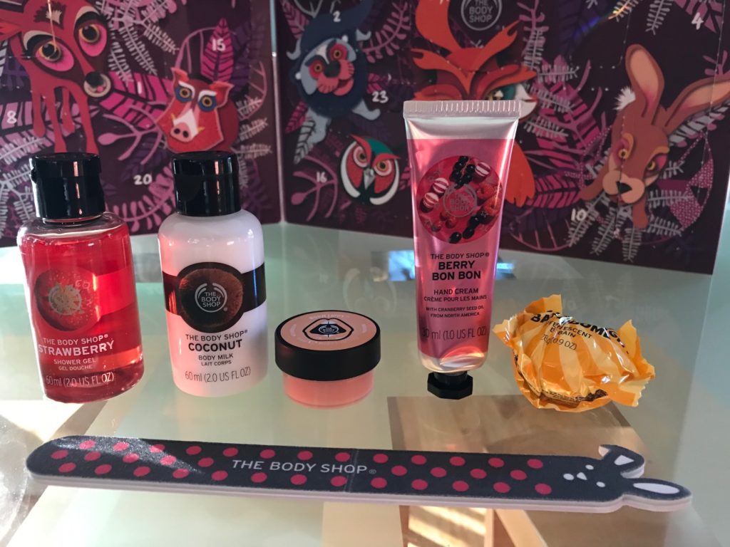 first 6 products in the 24 Days of Enchanted beauty advent calendar from The Body Shop, neversaydiebeauty.com