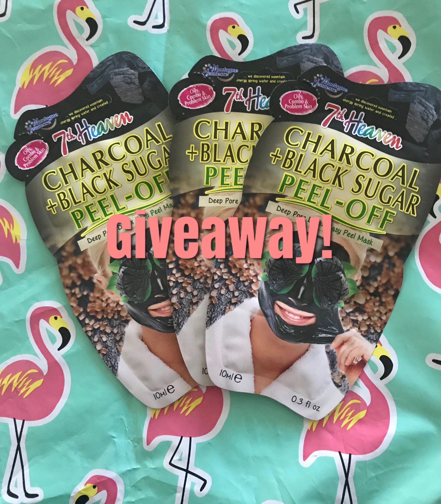 3 7th Heaven Charcoal & Black Sugar Peel-off Masks in their colorful single use packaging are the prize for my giveaway, neversaydiebeauty.com