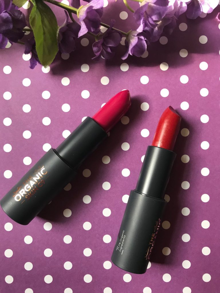 red lipsticks - Blossom and Flame from The Organic Skin Company, neversaydiebeauty.com