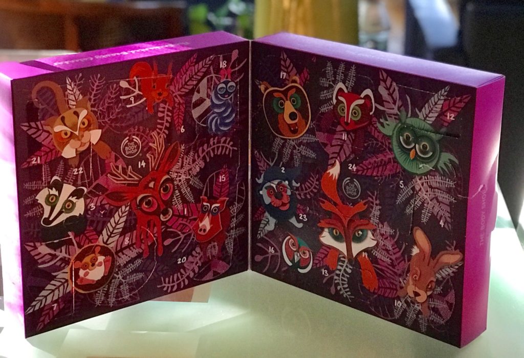 open standing 24 Days of Enchanted Beauty Advent Calendar 2018 from The Body Shop, neversaydiebeauty.com