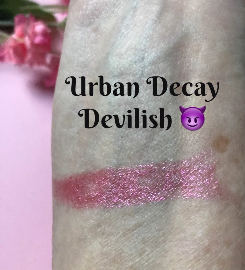swatch of Urban Decay Vice Lipstick in pink berry shade, Devilish, neversaydiebeauty.com