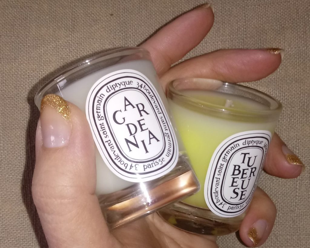 2 mini Diptyque candles in glass, scents Tuberose and Gardenia