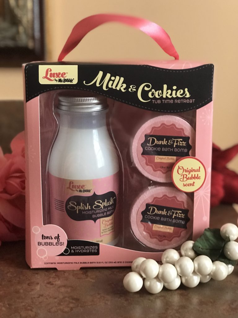 Luxe by Mr. Bubble Milk & Cookies Tub Time Retreat bath set in retro pink packaging, neversaydiebeauty.com