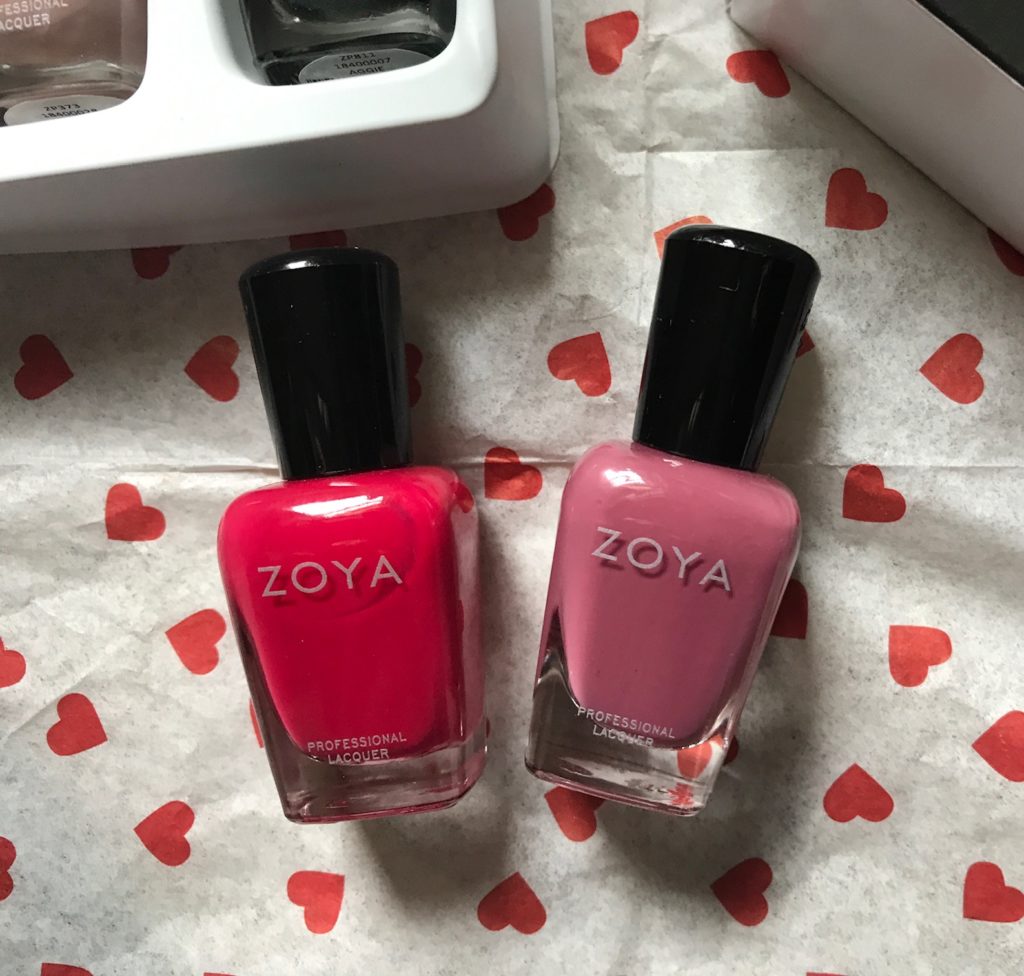 Zoya Maxine (bright red-pink) and Ruthie (rose) nail polishes, neversaydiebeauty.com
