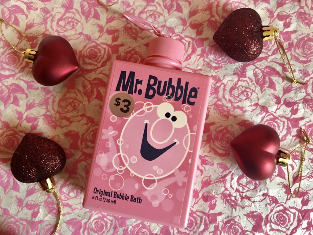 Mr. Bubble pink square bottle of bubble bath holiday ornament with Mr. Bubble logo on the front, neversaydiebeauty.com