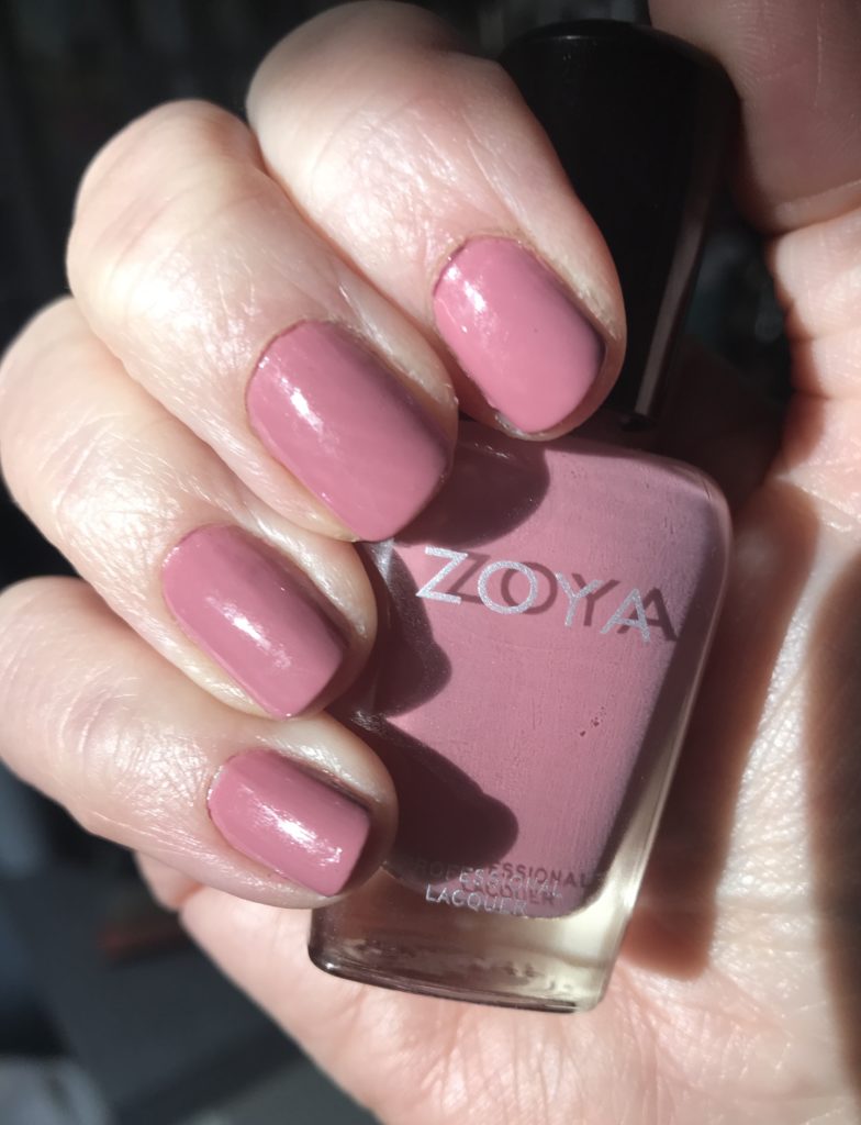 my nails wearing Zoya's Zanna nail polish, a rose-mauve cream in sunlight, neversaydiebeauty.com