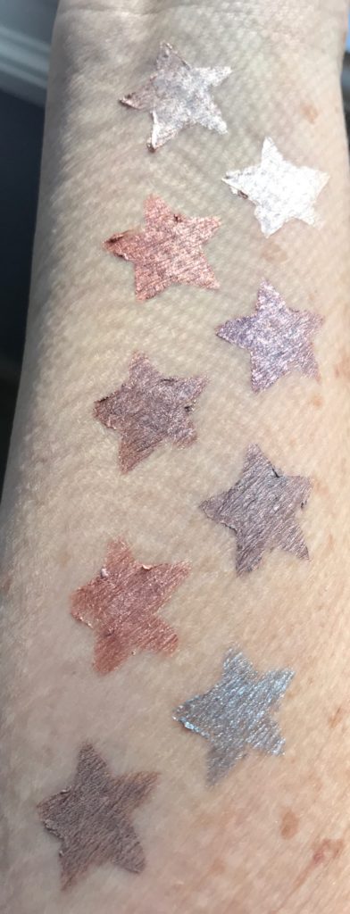 9 swatches of Mally Evercolor Eye Shadow Stick Extra shades in cool-toned natural light, neversaydiebeauty.com