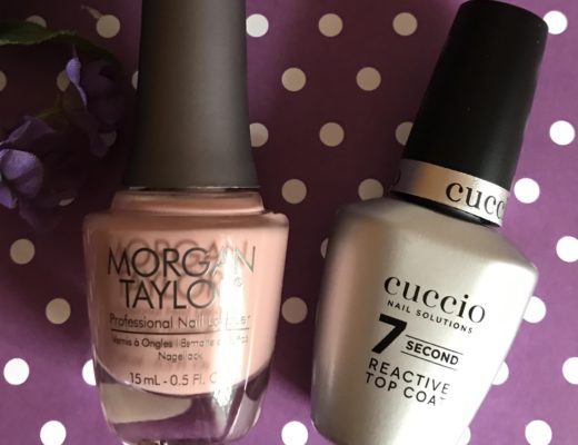 bottles of Morgan Taylor Hollywood's Sweetheart nail lacquer and Cuccio Super 7 Second Reactive Top Coat, neversaydiebeauty.com