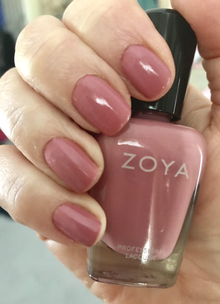 my nails wearing Zoya Zanna nail polish, a pink-mauve cream, in indoor daylight, neversaydiebeauty.com