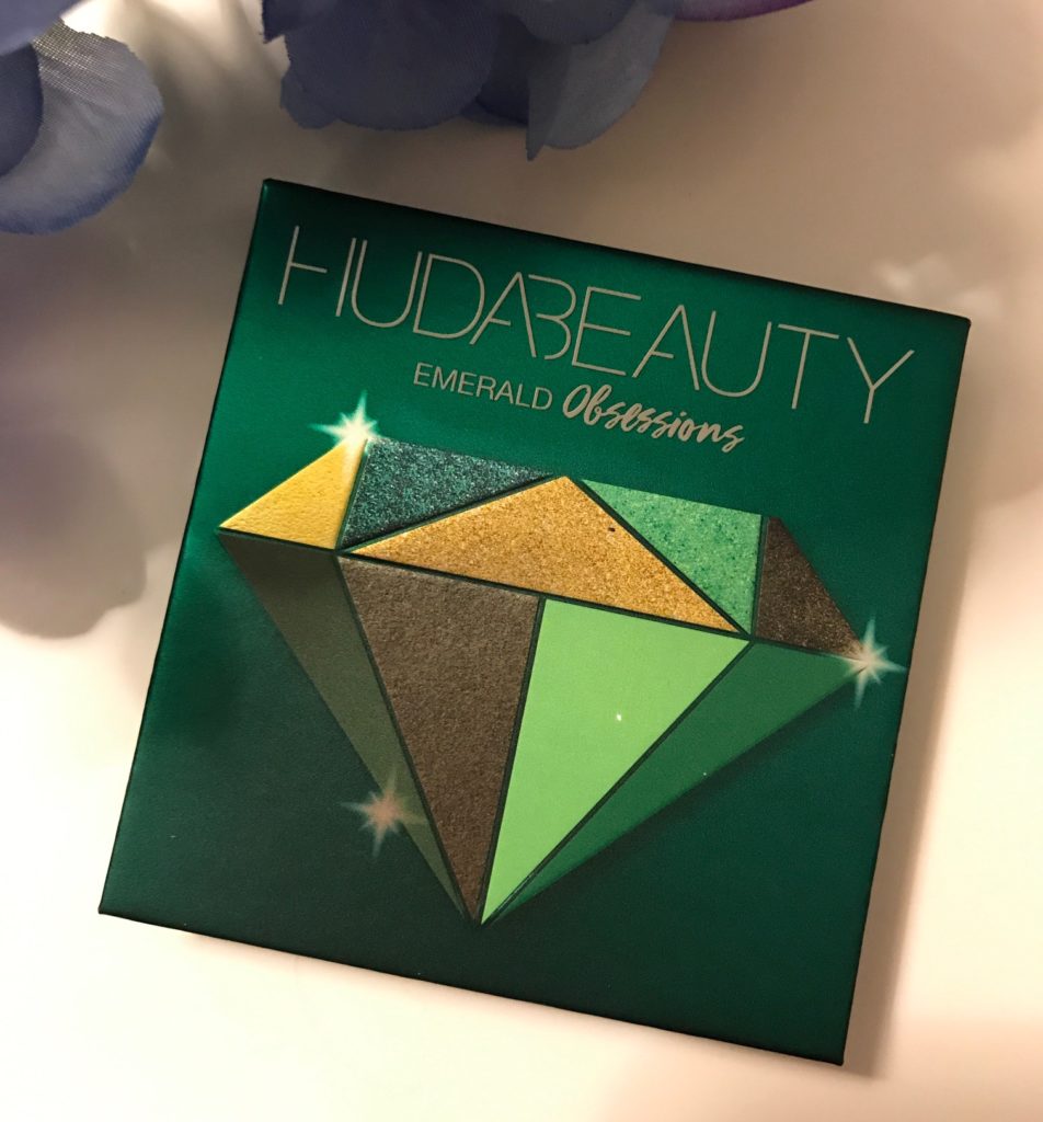 outer packaging of Huda Beauty Emerald Obsessions Eyeshadow Palette, neversaydiebeauty.com
