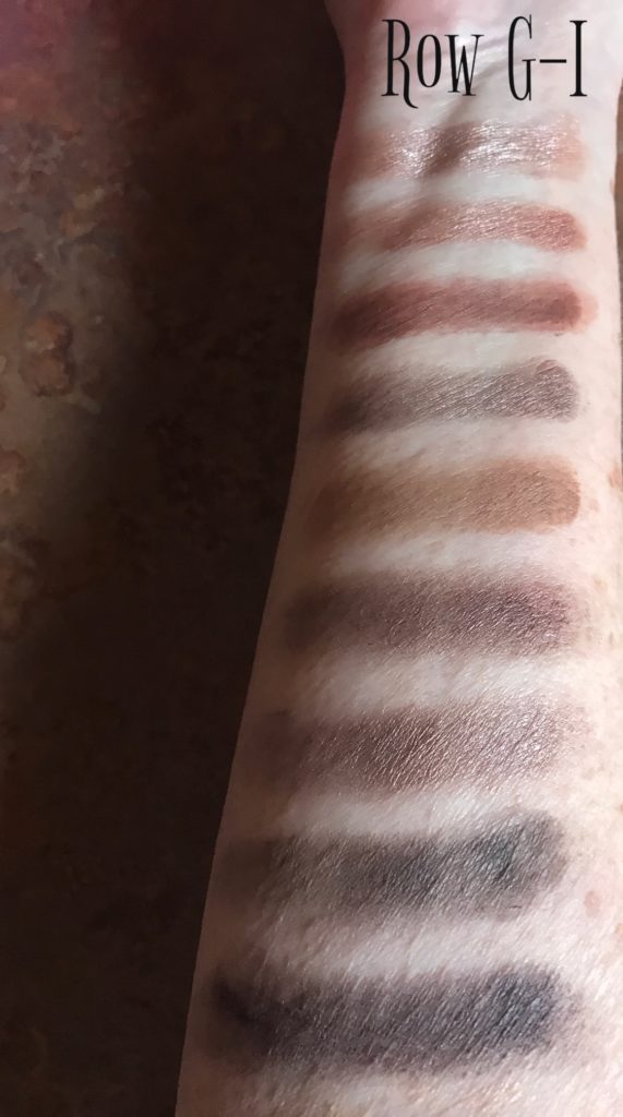 rows G-I with cool toned grays, plums and brown swatches from the Cargo Namastay Blockbuster Eyeshadow Palette, neversaydiebeauty.com