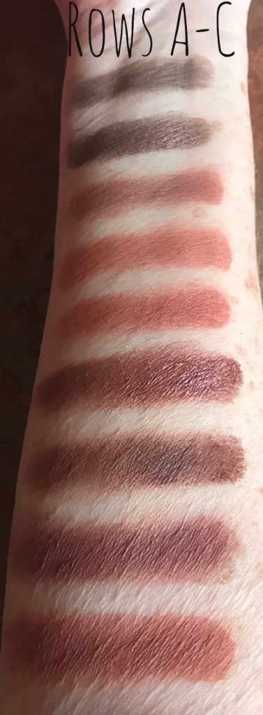 swatches of rows A-C for the Cargo Namastay Blockbuster Eyeshadow Palette, neversaydiebeauty.com