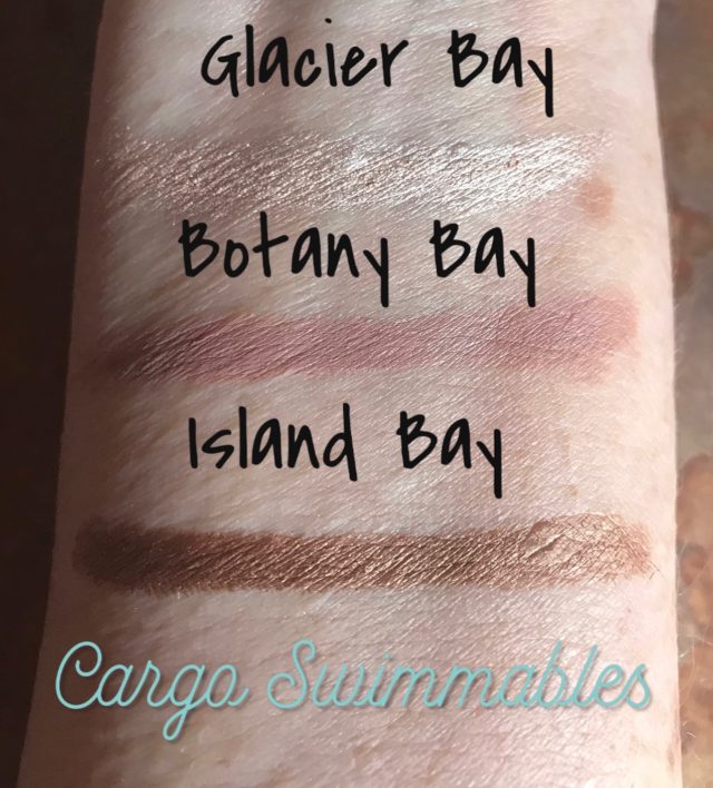 swatches of Cargo Swimmables Longwear Shadow Sticks in Glacier Bay cream beige, Botany Bay in pink-mauve and Island Bay: medium golden brown, neversaydiebeauty.com