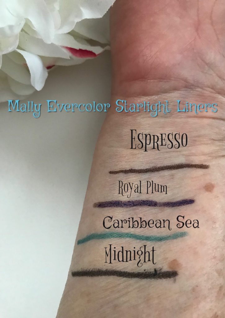 swatches of Mally Evercolor Starlight Waterproof Eyeliner pencil in 4 shades: Midnight, Royal Plum, Caribbean Sea, and Espresso, neversaydiebeauty.com