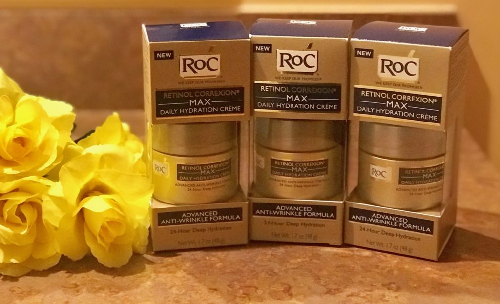 3 jars in their outer packaging of RoC Retinol Correxion MAX Daily Hydration Creme, neversaydiebeauty.com
