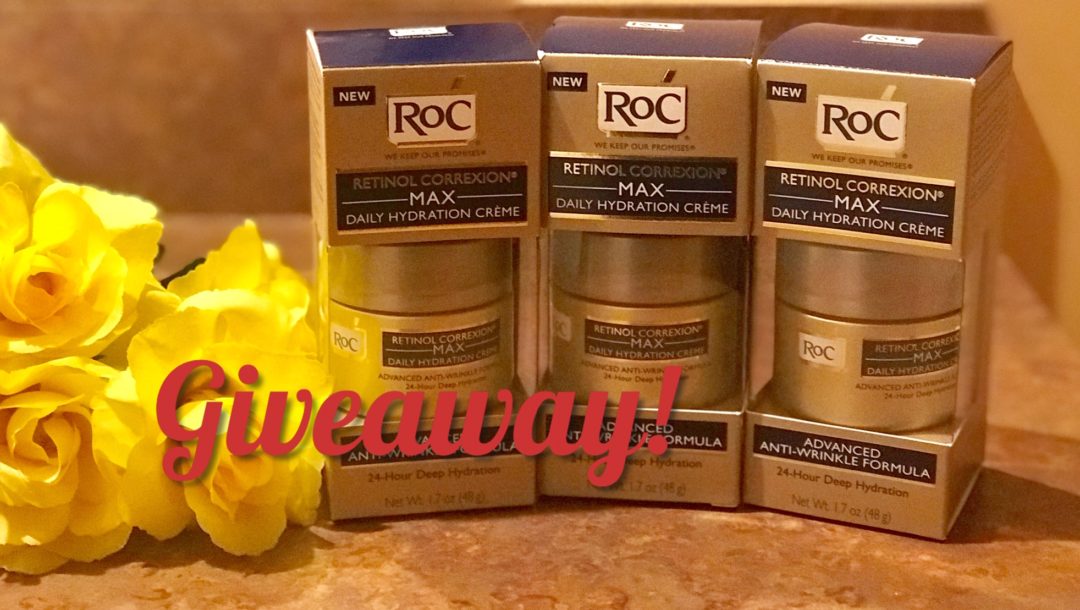 3 jars of RoC Retinol Correxion MAX Daily Hydration Creme in their outer packaging with Giveaway written on the photo, neversaydiebeauty.com