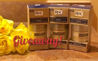 3 jars of RoC Retinol Correxion MAX Daily Hydration Creme in their outer packaging with Giveaway written on the photo, neversaydiebeauty.com