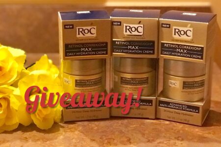 3 jars of RoC Retinol Correxion MAX Daily Hydration Creme in their outer packaging with Giveaway written on the photo, neversaydiebeauty.com