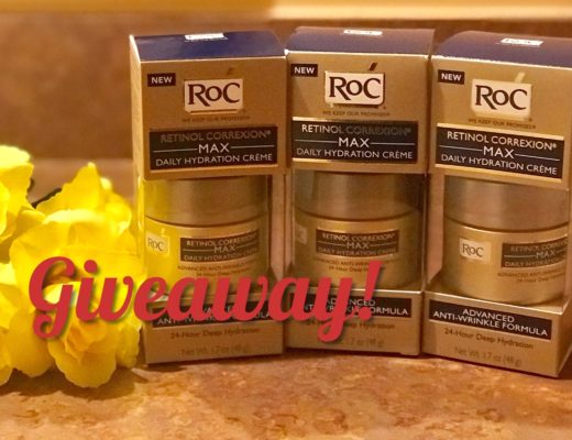 3 jars of RoC Retinol Correxion MAX Daily Hydration Creme in their outer packaging with Giveaway written on the photo, neversaydiebeauty.com