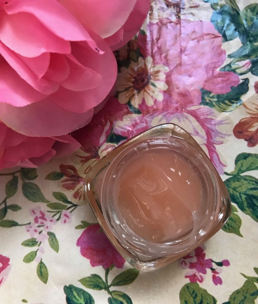 open jar of L'Oreal Rosy Tone Mask showing the peachy-pink gel inside, neversaydiebeauty.com