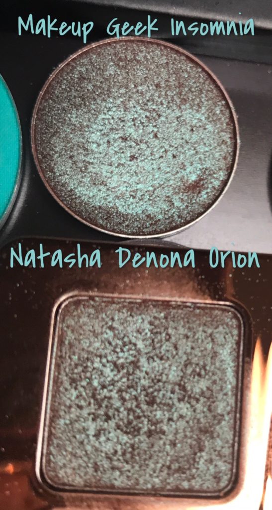 pans of Makeup Geek Insomnia and Natasha Denona Orion, both teal/brown duo chrome eyeshadows, neversaydiebeauty.com