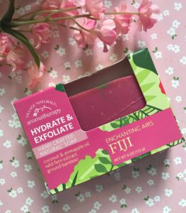 pink & green box of Village Naturals Aromatherapy Hydrate & Exfoliate Soap scent Fiji, neversaydiebeauty.com