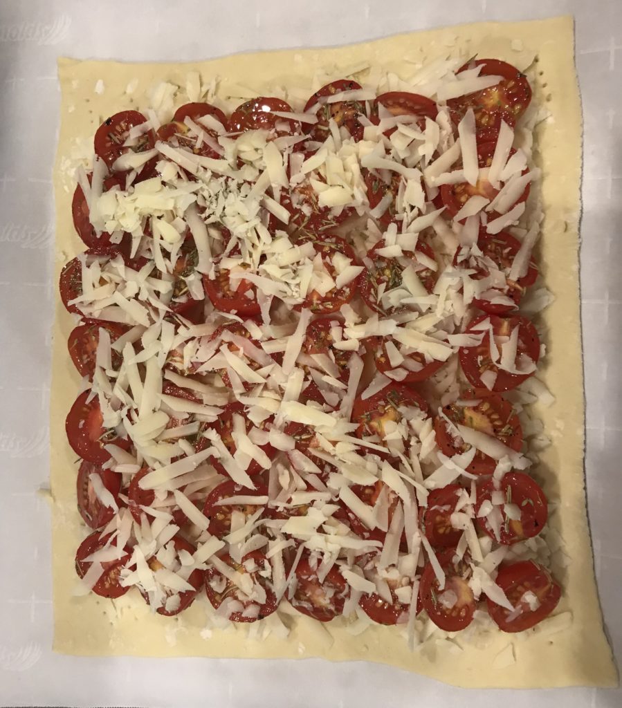 tomato tart on puff pastry prior to baking, neversaydiebeauty.com