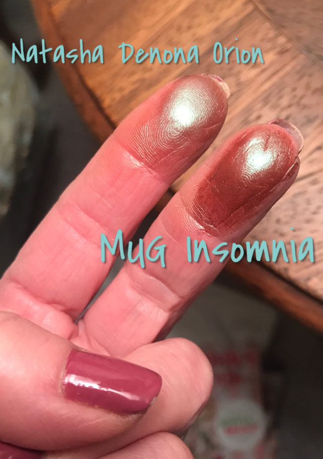 finger swatches of Natasha Denona "Orion" and Makeup Geek "Insomnia", two similar duochrome eyeshadows that are brown/red/teal, neversaydiebeauty.com