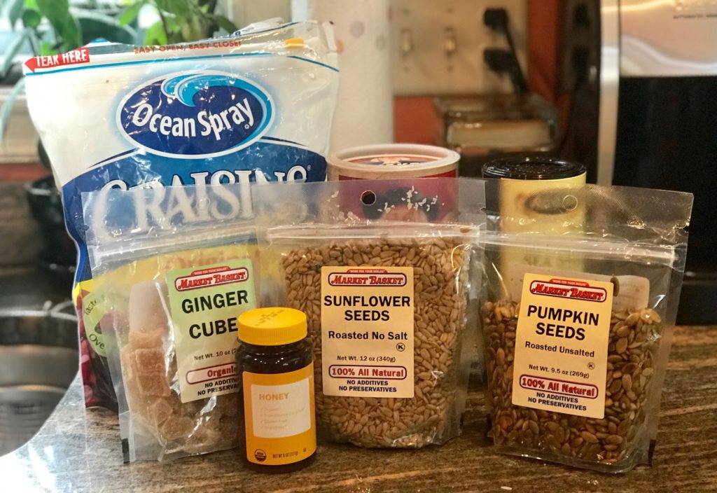 ingredients for my granola: oats, sea salt, Craisins, crystallized cubed ginger, pumpkin seeds, sunflower seeds, honey, neversaydiebeauty.com 