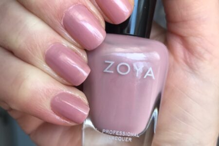 my nails wearing cool-toned light pink Zoya Caresse nail polish, neversaydiebeauty.com