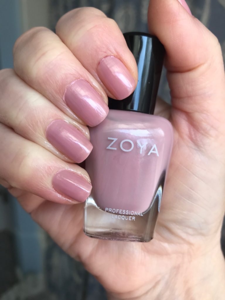 my nails wearing cool-toned light pink Zoya Caresse nail polish, neversaydiebeauty.com