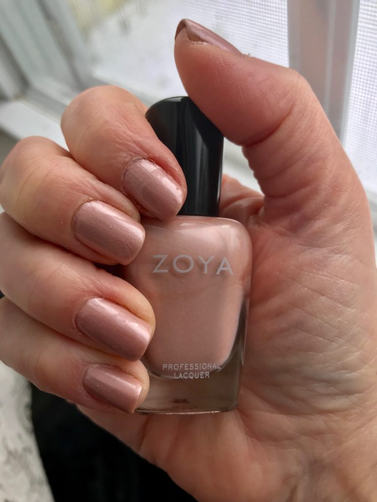my nails wearing metallic light pink-beige Zoya Lauren nail polish, neversaydiebeauty.com