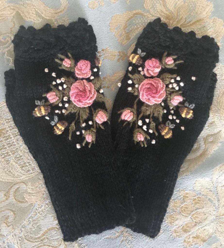 pair of black wool embroidered fingerless gloves, neversaydiebeauty.com