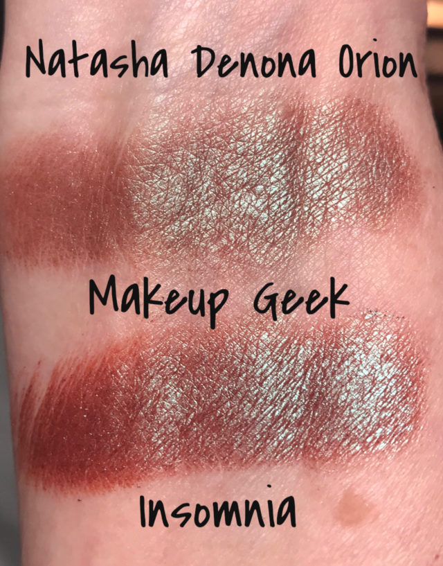 comparison swatches of duo chromes from Natasha Denona Orion and Makeup Geek Insomnia, neversaydiebeauty.com