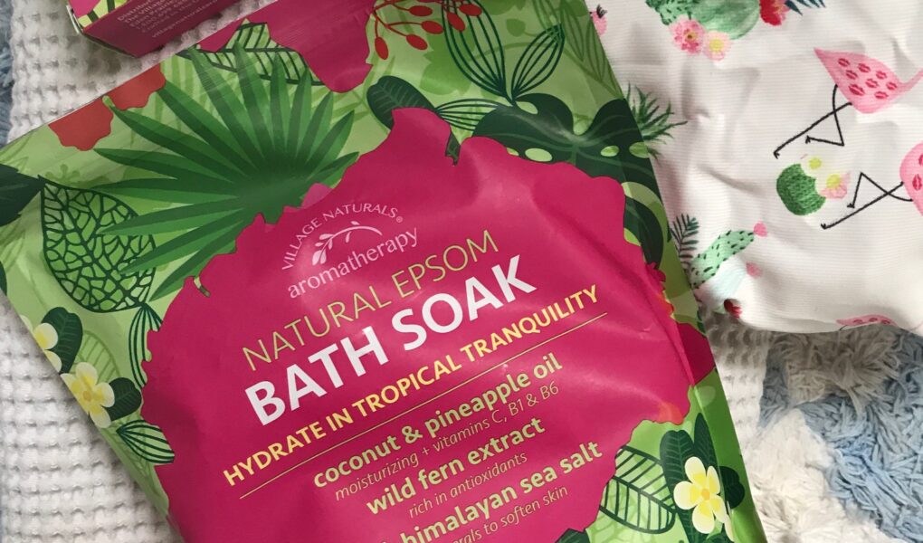 tropical bath products: Vintage Cosmetics shower cap, Village Naturals Aromatherapy Fiji bar soap and bath soak, Bum Bum Cream, neversaydiebeauty.com