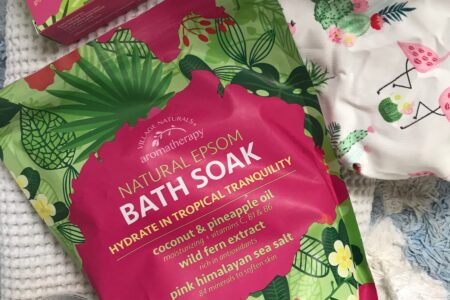 tropical bath products: Vintage Cosmetics shower cap, Village Naturals Aromatherapy Fiji bar soap and bath soak, Bum Bum Cream, neversaydiebeauty.com