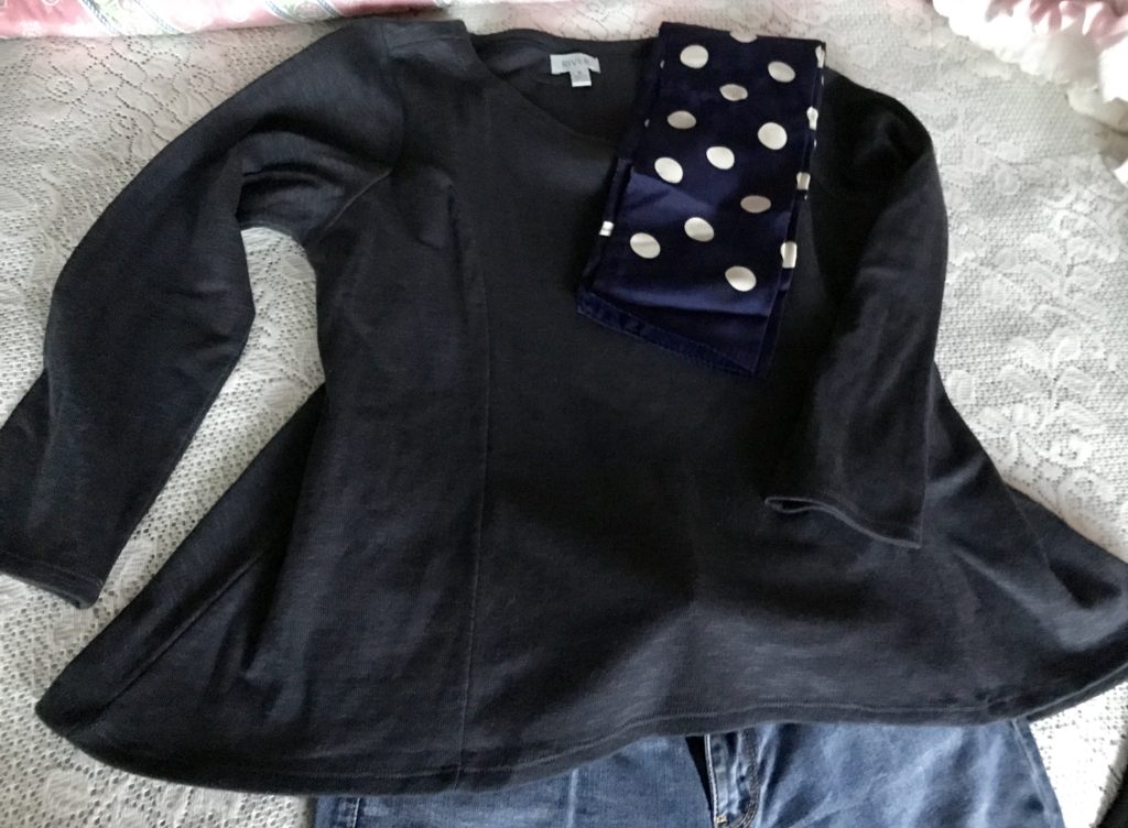 River navy cotton flared top with jeans & navy blue dotted scarf, neversaydiebeauty.com