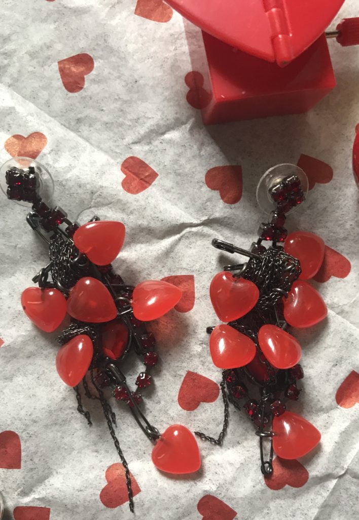 Disney Couture Jewelry dangling earrings with mini red hearts, black chains and pins, neversaydiebeauty.com