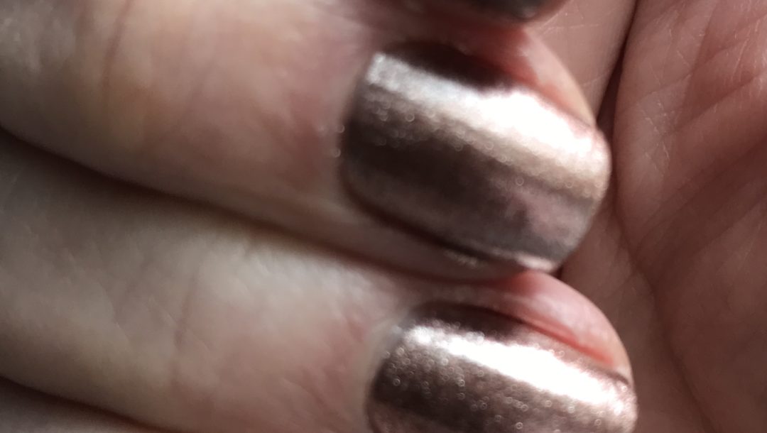 my nails wearing Morgan Taylor Nail Lacquer shade "No Way Rose", a metallic rose gold polish, neversaydiebeauty.com