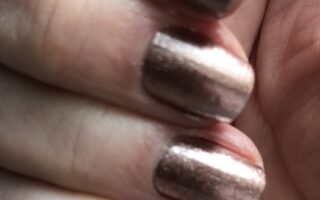 my nails wearing Morgan Taylor Nail Lacquer shade "No Way Rose", a metallic rose gold polish, neversaydiebeauty.com