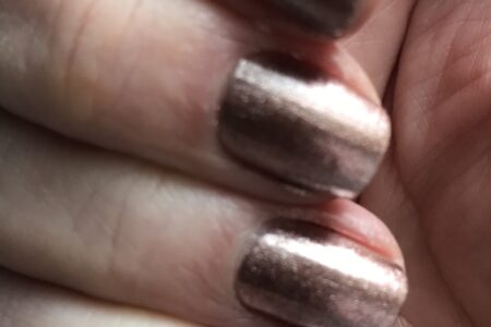 my nails wearing Morgan Taylor Nail Lacquer shade "No Way Rose", a metallic rose gold polish, neversaydiebeauty.com