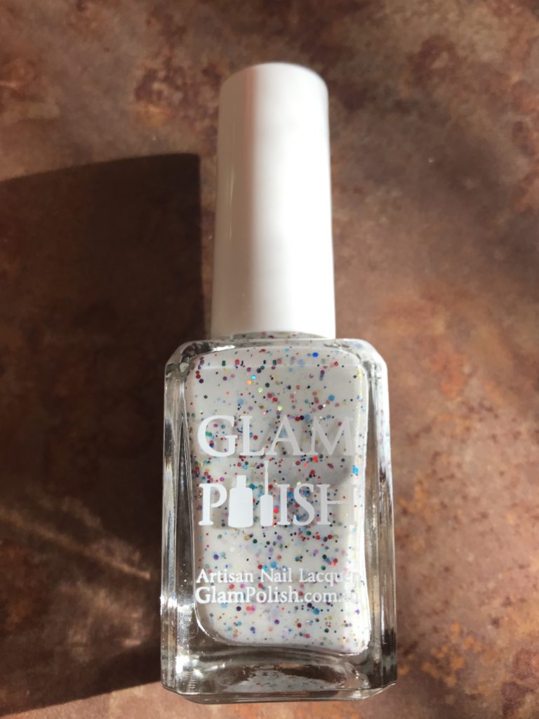 bottle of Glam Polish Heffalumps And Woozles, white polish with multicolor glitter, neversaydiebeauty.com