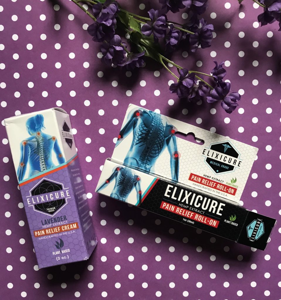 Elixicure Pain Relief Cream and Roll-on outer packaging, neversaydiebeauty.com