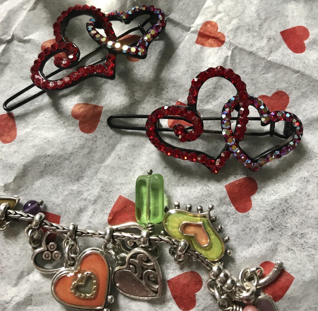 double hearts crystal barrettes and Brighton heart charm bracelet, neversaydiebeauty.com