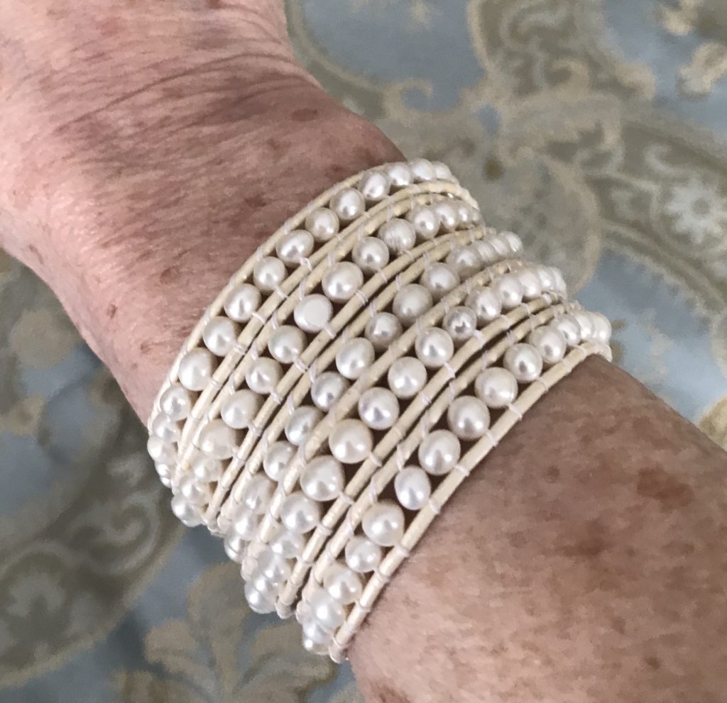 freshwater pearl on ivory leather 5 wrap bracelet from Victoria Emerson, neversaydiebeauty.com