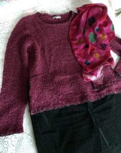 raspberry boucle sweater styled with black pants & polka dot silk velvet scarf, neversaydiebeauty.com
