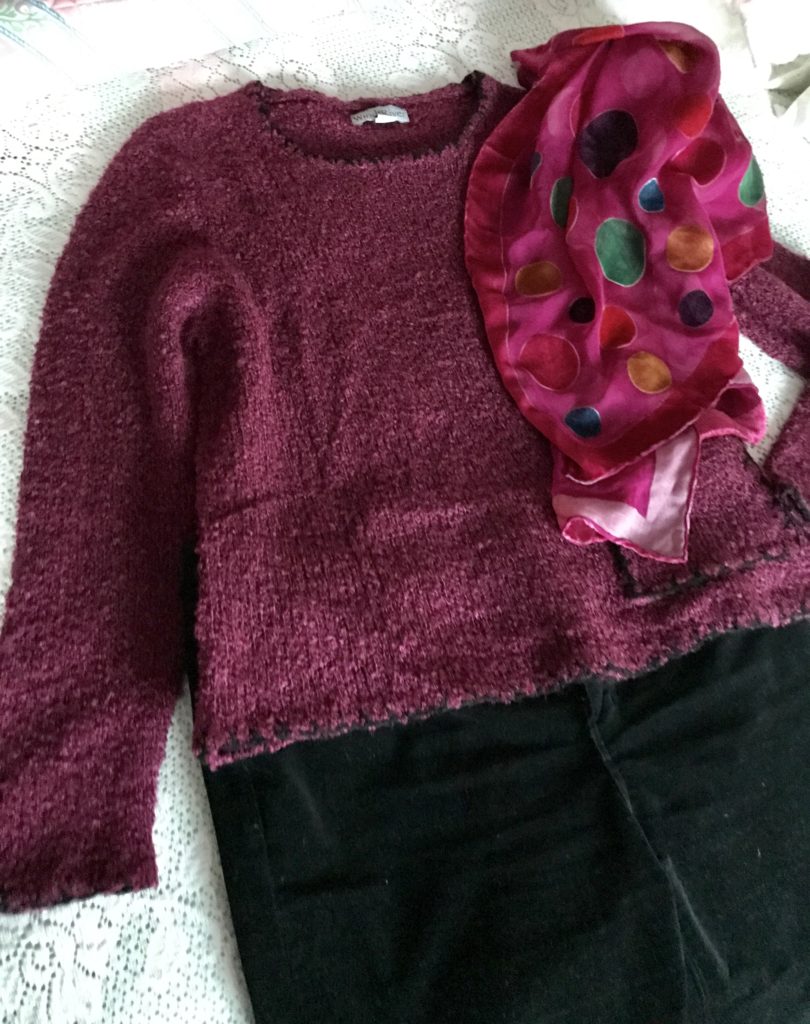 raspberry boucle sweater styled with black pants & polka dot silk velvet scarf, neversaydiebeauty.com