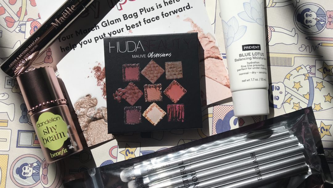 cosmetics in my March 219 Ipsy Glam Bag Plus out of their packaging, neversaydiebeauty.com