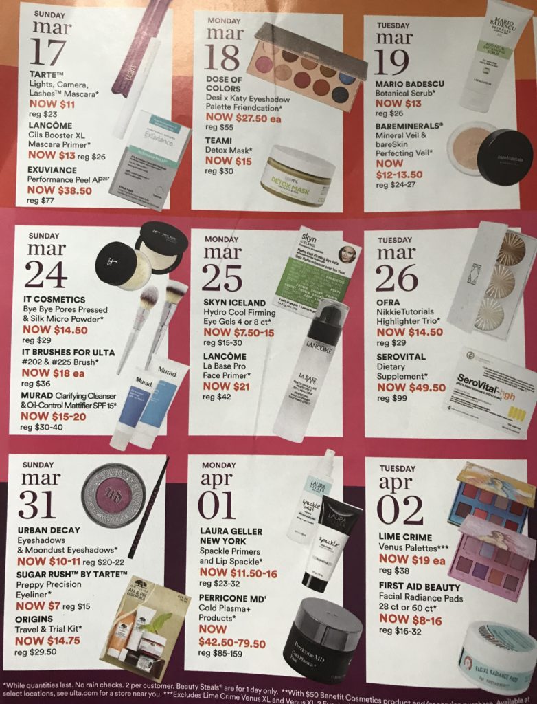 Ulta 21 Days of Beauty Spring 2019 first page of the calendar of products on sale, neversaydiebeauty.com