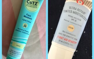 side by side tubes of Cotz Face Moisture SPF 35 and First Aid Beauty Tinted Moisturizer SPF 30, neversaydiebeauty.com